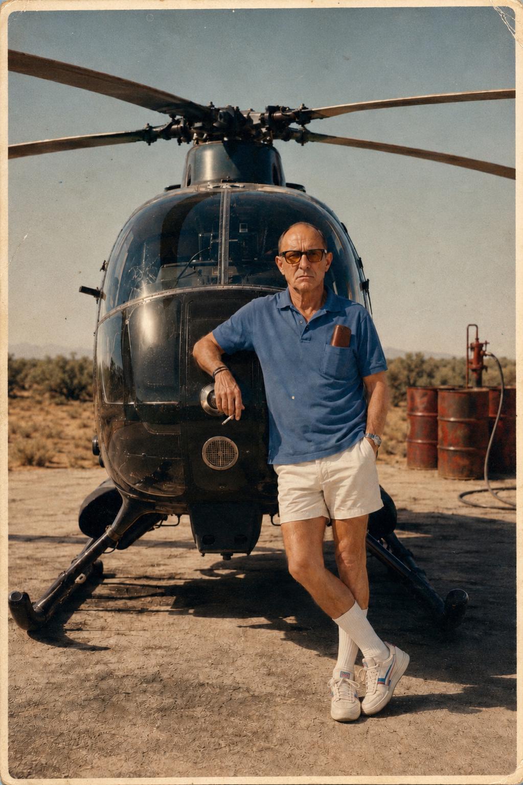 Bob with the Quiet One helicopter in the desert